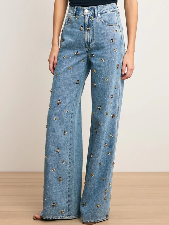 Veronica Beard Denim - Veronica Beard KASEY silver dust embellished floral jeans Wide Leg w/ Tags - 24